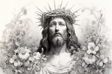 Jesus Christ with crown of thorns and flowers, black and white illustration