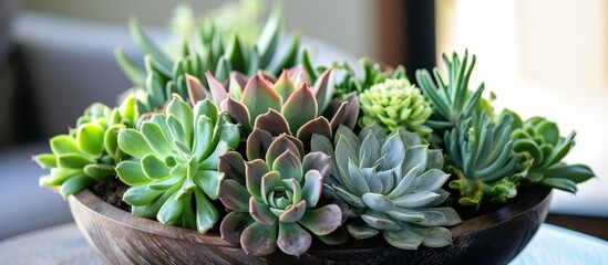 A wooden bowl filled with a variety of succulents, including different types of plants like flowers, houseplants, and grass. - Powered by Adobe