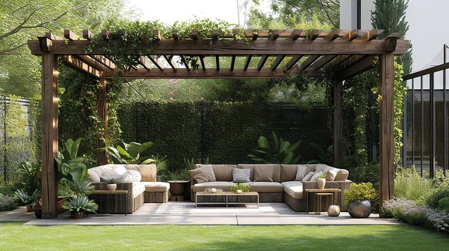 Elegant garden sofa set under modern pergola, tranquil patio setting