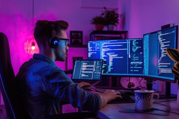 Digital Realm Mastery: Neon-Glowing Screens Surround IT Developer at Home