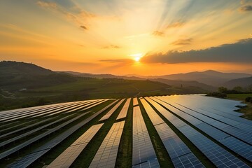 Spectacular Sunset Showcase: Aerial View of Solar Panels Array in the Evening Sky
