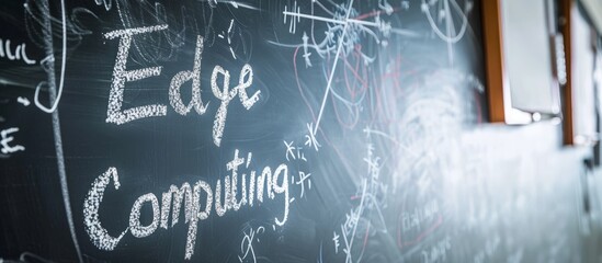 In electric blue handwriting, the words 'edge computing' are written on a blackboard, symbolizing the merging of technology and darkness.