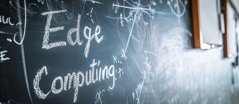 In electric blue handwriting, the words 'edge computing' are written on a blackboard, symbolizing the merging of technology and darkness.