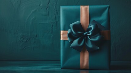 Navy-wrapped present beside paper carrier on teal stage