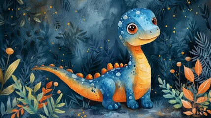 Watercolor cartoon cute little dinosaur