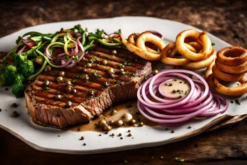 Steak with peppercorn sauce and onion rings - - obrazy, fototapety, plakaty