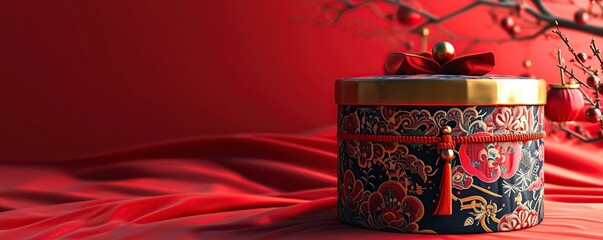 Chinese New Year gift box on red silk background. 3d rendering