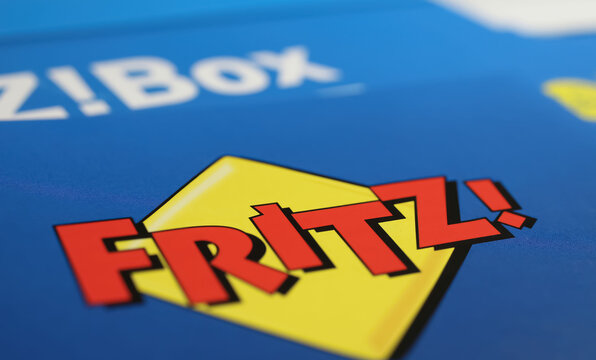 Viersen, Germany - January 9. 2024: Closeup of AVM Fritz box logo lettering