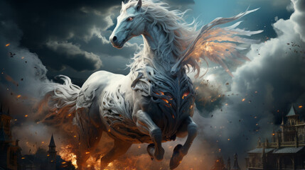 Dynamic Equine Adventure: A Whimsical Vector Illustration of a Majestic White Stallion Galloping in Nature's Playground!, generative AI