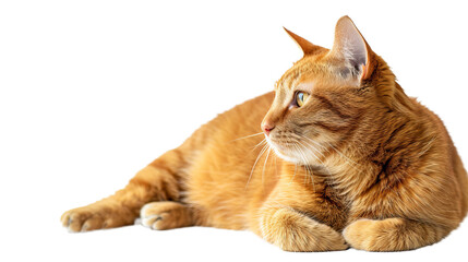 lying ginger cat cutout isolated on white, side view on transparent png background	