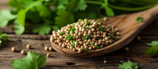 A wooden spoon holding coriander seeds, a popular ingredient in various cuisine, placed on a wooden table.