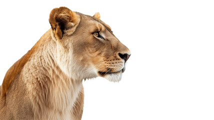 Obraz premium female lion's head cutout isolated on white, side wiew on transparent png background 