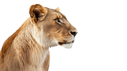 female lion's head cutout isolated on white, side wiew on transparent png background	