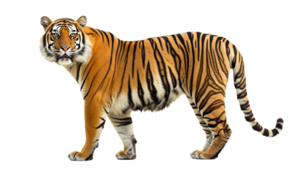 standing tiger cutout isolated on white and transparent png background	