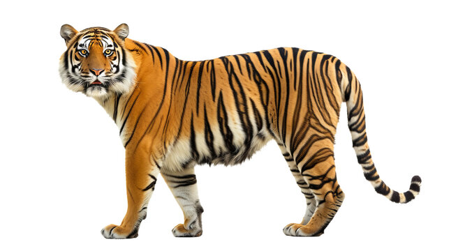 standing tiger cutout isolated on white and transparent png background	