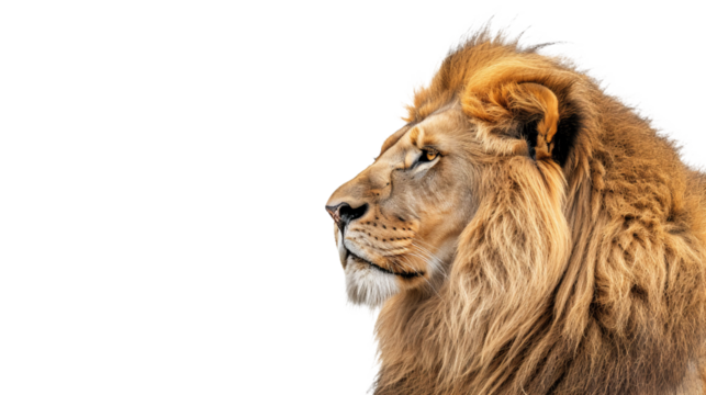 male lion's head cutout with mane isolated on white, side wiew on transparent png background	