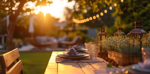 Table setting for dinner in the garden at sunset. Selective focus.