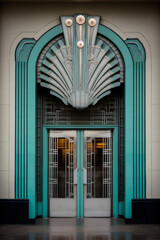 Photo realistic green and white art deco building door entrance 
