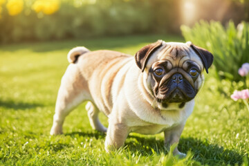 Portrait of young adorable healthy pug outside in the garden