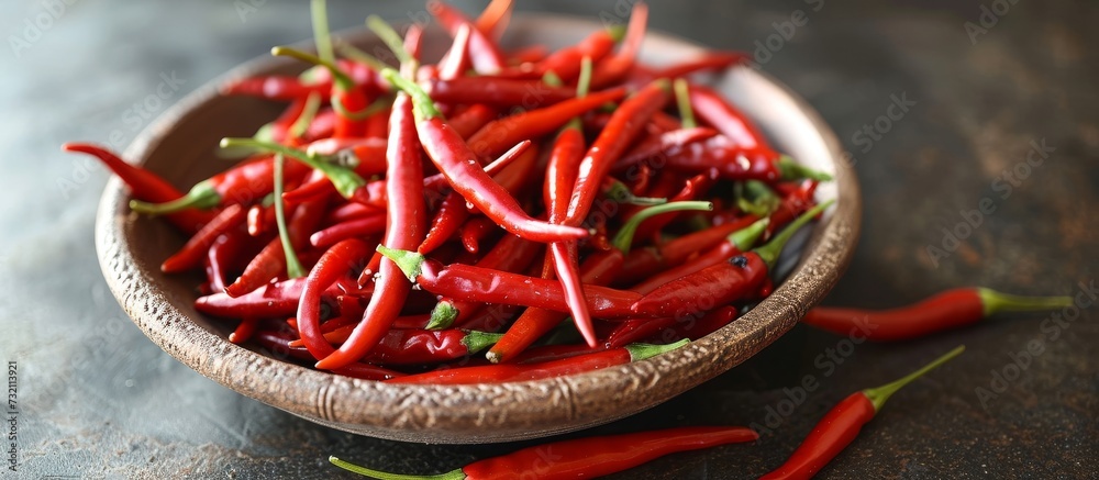 Poster On the table, there is a bowl filled with red chili peppers, including chile de árbol, bird's eye chili, and peperoncini.