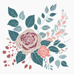 Elegant Floral Accents Roses and Leaves on White Background 