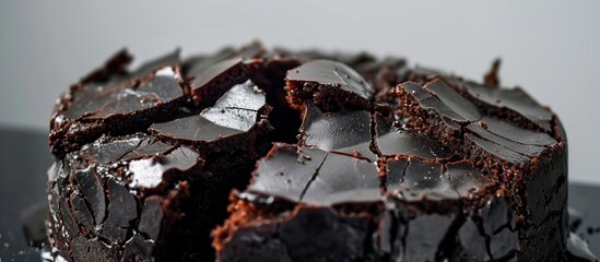 An artistic chocolate cake, resembling a house facade, with a missing slice; its metal roof and unique design make it an exquisite building-inspired dessert.