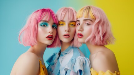 Obraz premium Fashion portrait of three girls with pink hair and bright makeup.
