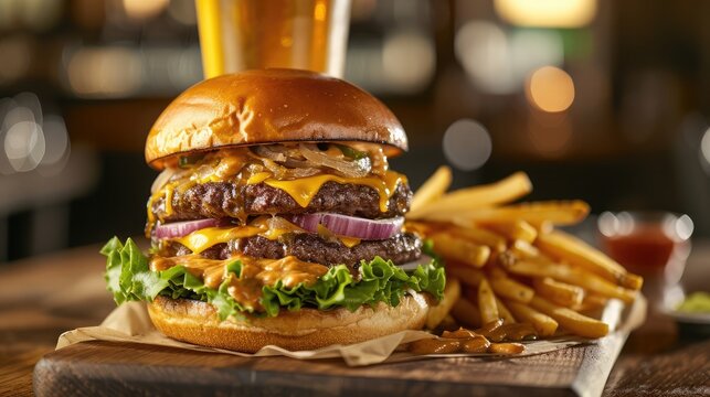 Double smash burger with cheese, lettuce, onion, dressing, fries, and cold beer on a cutting board