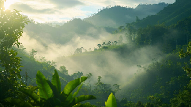 As the mist begins to clear the lush greenery of the mountains is slowly revealed adding a burst of color to the scene.