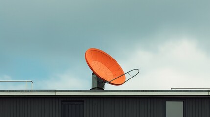 Orange satellite dish dish for receiving TV signals Attached to the roof of the house In order to...