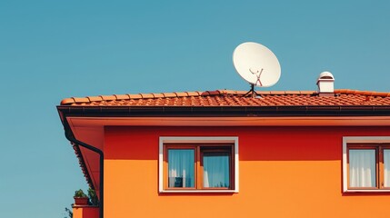 Orange satellite dish dish for receiving TV signals Attached to the roof of the house In order to...