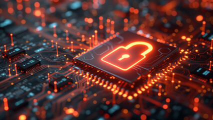 Cybersecurity, a red padlock icon stand out against the intricate backdrop of a digital circuit board, serving as a potent reminder of the critical role information security play in safeguarding data. - obrazy, fototapety, plakaty