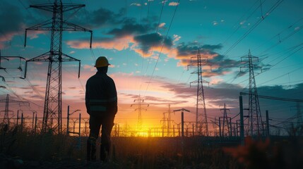 Picture of an electrical engineer standing and watching at the electric power station to view the planning work by producing electricity at high voltage electricity poles.