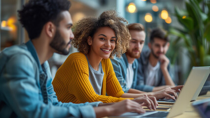 A young, diverse group of professionals working together on laptops in a well-lit, contemporary office space, reflecting teamwork and cooperation.