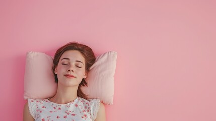 Obraz na płótnie Canvas Top above high angle view photo portrait of satisfied woman sleeping on pillow isolated on pastel pink colored background
