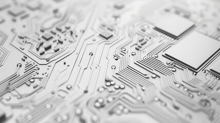White texture background of printed circuit board. Computer technology background. Information tech. Space for text. Gray scale pcb background