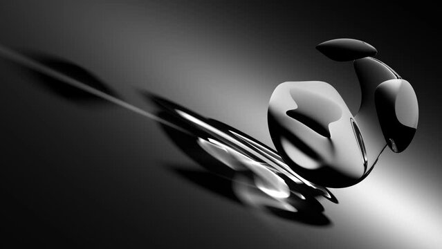 3d render abstract art black and white monochrome video animation with surreal glass sphere or ball sculpture in deformation transformation process with reflective transparent shadow on surface