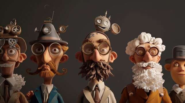 Cartoon digital avatar of a group of eccentric inventors from different backgrounds, each with their own unique style and inventions.
