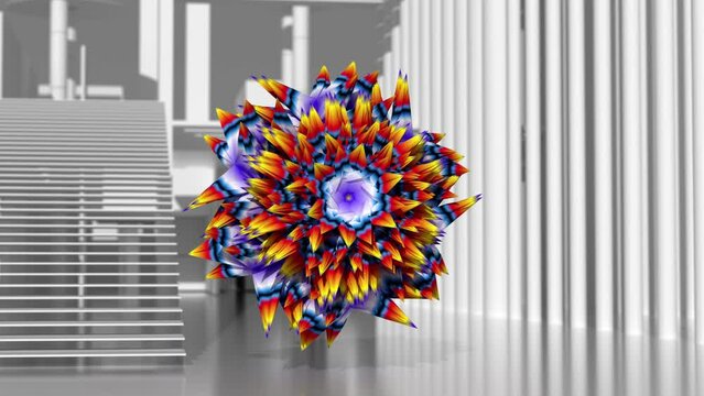3d render of abstract art video with surreal alien fractal symmetry color flower in transformation deformation process with surreal white and grey interior environment with depth of filed effect 