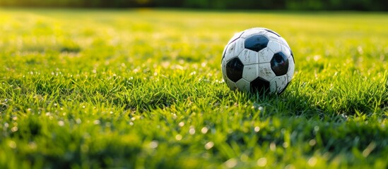 A soccer ball rests on a vibrant green field, amidst the beauty of nature, surrounded by people enjoying the sport. - Powered by Adobe