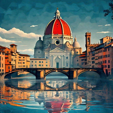 Dreamlike painting of Ponte Vecchio over the Arno river with red dome in Florence, Italy. 

