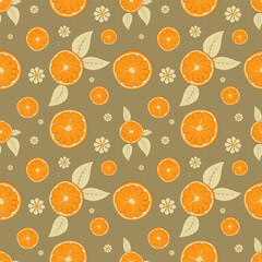 Seamless pattern with orange slices and leaves. Vector illustration.