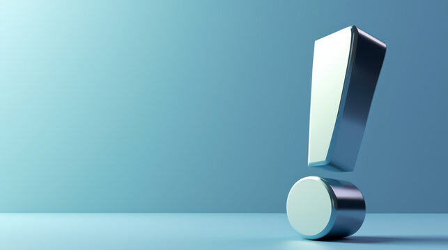 A bright blue 3D exclamation mark on a pastel blue background.