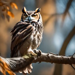 Wild horned owl sitting on dry branch in the forest during autumn - obrazy, fototapety, plakaty