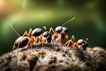 Close up group of ants standing on top of a rock on the forest - obrazy, fototapety, plakaty