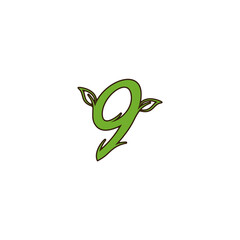 number "9" combination with a plant with a leaf in green and brown color