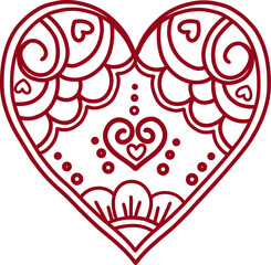 An illustration of a heart with an abstract ornament highlighted on a transparent background. valentine's day. Splashes of pink confetti in the shape of a heart.