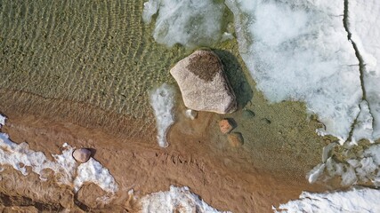 Drone shot of Georgian Bay Ice Pack Breaking Up and Melting in February when unseasonably warm