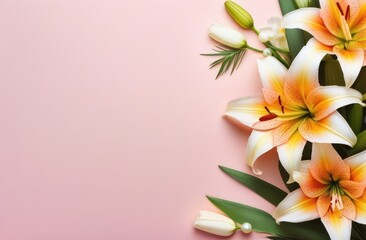 Fototapeta premium Orange fragrant lilies close-up on a light pink background. Postcard. Free space for text