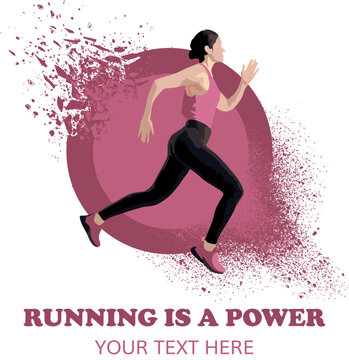 Running woman, fit style, a silhouette of a running woman with splashed pink background